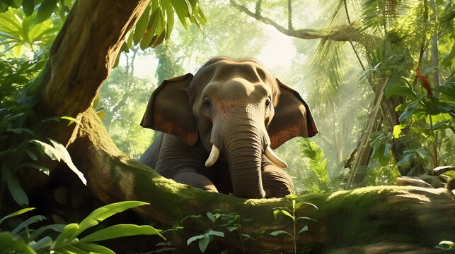 A large elephant with a long trunk and big ears standing in a natural zoo or jungle environment