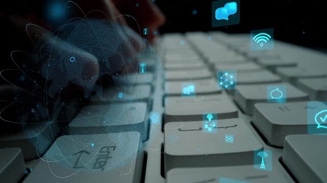 This image illustrates a dynamic interaction between digital technology and keyboard usage, featuring glowing icons that represent connectivity and information exchange. Xenic