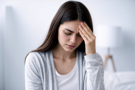 Burnout exhausted stressed teenage girl holding head feeling overwhelmed