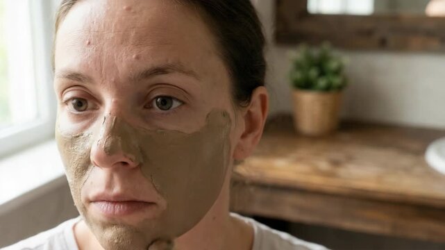 Woman applying clay face mask with brush. Authentic beauty routine for clear skin care. User review of organic treatment for facial rejuvenation at home bathroom.