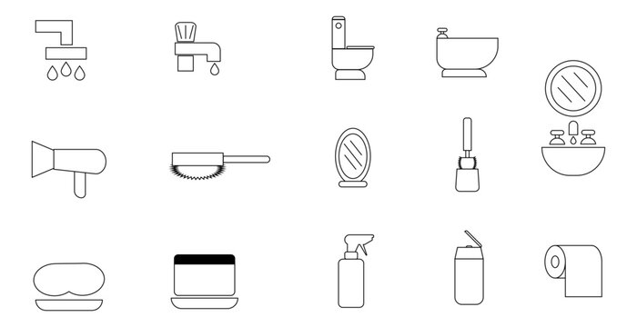 Iconos de ba&ntilde;o, limpieza e higiene. Ilustraci&oacute;n vectorial en blanco y negro de jab&oacute;n, esponja, espejo, canilla, ducha, peine, cepillo, lavatorio, inodoro, shampoo, atomizador, secador y videt. 