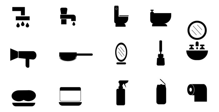 Iconos de ba&ntilde;o, limpieza e higiene. Ilustraci&oacute;n vectorial en blanco y negro de jab&oacute;n, esponja, espejo, canilla, ducha, peine, cepillo, lavatorio, inodoro, shampoo, atomizador, secador de pelo y videt.
