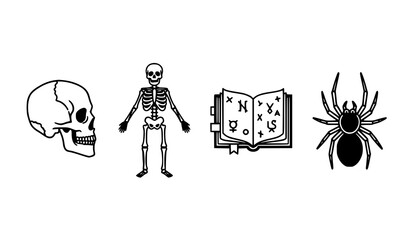 Minimal Halloween icon set with skull, skeleton, spider, and magic book flat vector silhouettes © Shakib