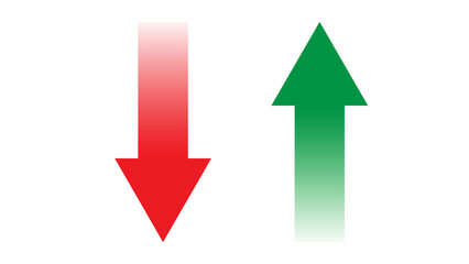 Red down arrow and green up arrow side by side with motion blur, symbolizing opposite directions and stock market trends, up arrow © Tajul Islam