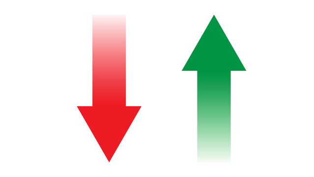Red down arrow and green up arrow side by side with motion blur, symbolizing opposite directions and stock market trends, up arrow
