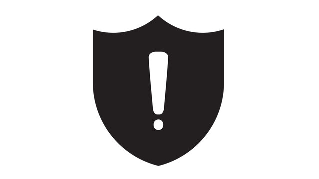 Black shield with white exclamation mark, security alert and warning icon, flat design graphic on white background