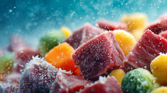 Frozen fruits and vegetables covered with frost, close-up macro texture of healthy food preserved in cold conditions