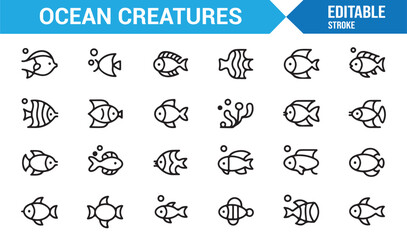 Fototapeta premium Minimal ocean creatures icons pack with coral and fish elements