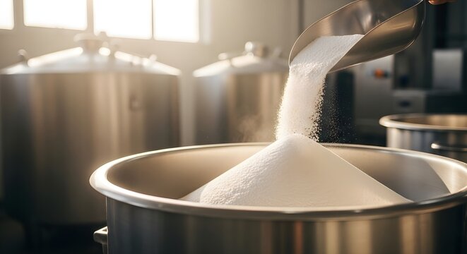 Sweet Granules Of White Sugar Being Scooped Into A Large Industrial Container