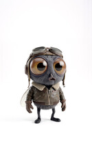 Fototapeta premium Cute cartoon housefly character is dressed in a detailed vintage pilot bomber jacket and aviator hat, posing on a clean white background. Generative AI.