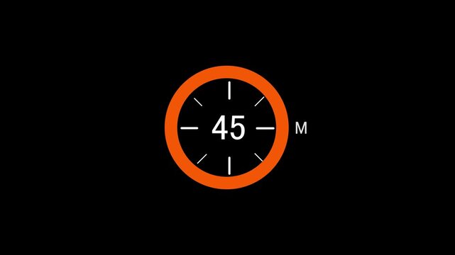 Clock icon with orange circular dial and 45 minutes displayed isolated on black background for efficiency and corporate templetes