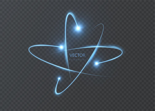 Energetic light trails forming an atomic structure, representing science, technology, connection, and data concepts. Transparent background