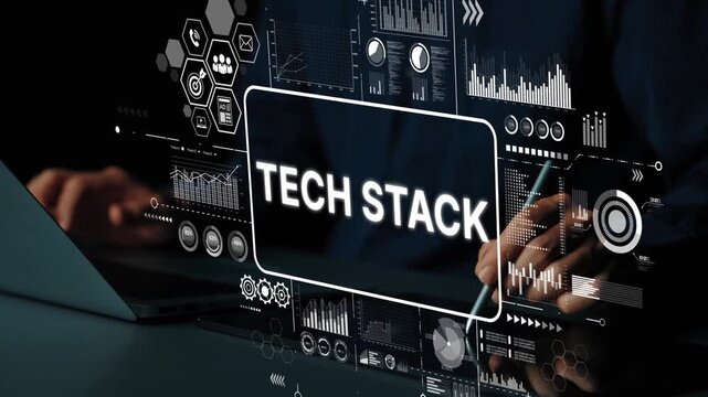 Digital Concept of Tech Stack with Graphs and Data Visualization for Software Development and IT Solutions. Asymptotic smart data analytic.
