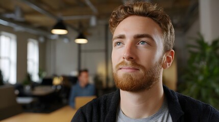 Obraz premium A thoughtful young man with a beard gazes into the distance within a bright modern co working office space