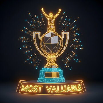 Glowing 3D Wireframe MVP Trophy Award | Digital Gold and Teal Neon Cup for Most Valuable Player | Futuristic Sculpture of Success and Victory | Competitive Business Excellence and Achievement Concept