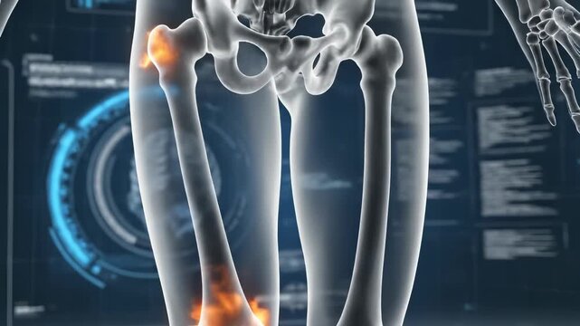3D medical animation of human leg anatomy. Bones and joints highlighted with glowing effects. Educational visuals show knee and hip movement in a modern digital environment.