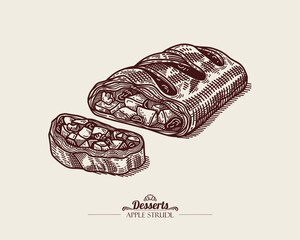 Pieces of Apple Strudel with Walnuts and Raisins. Traditional Austrian Dessert. Apfelstrudel. Italian Dessert. Line art Illustration, sketch style. © inna72