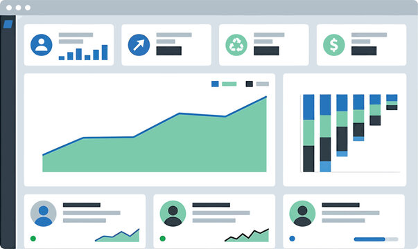 A blurry screenshot of a dashboard with various charts and graphs isolated on transparent background