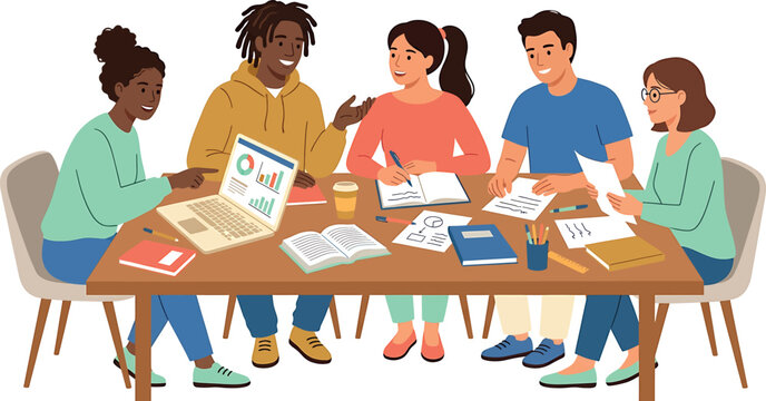 Diverse group of five people sitting around a table with papers isolated on transparent background