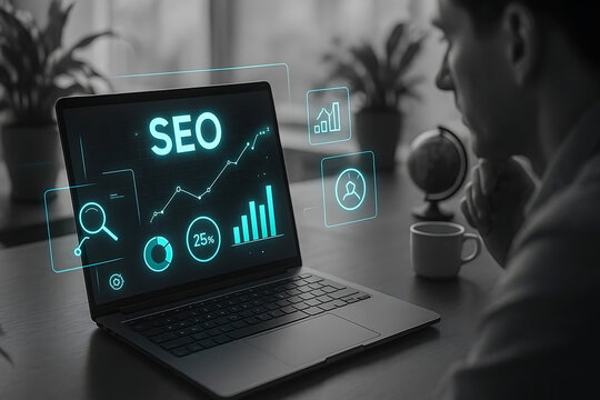 SEO and Data Analytics Dashboard Visualization Featuring Performance Charts, Keyword Insights, and Real-Time Marketing Metrics on Digital Screens