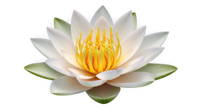 Close up of a serene white lotus flower with yellow stamens