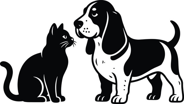 Minimalist black and white vector illustration of a cute cat and beagle dog sitting together, isolated on a white background.