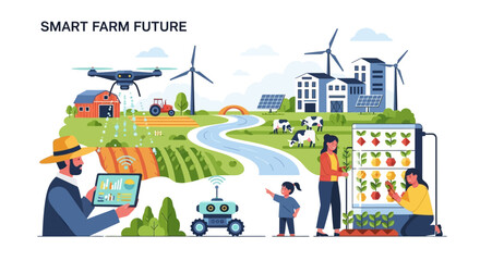 Naklejka premium Smart Farm Future: Sustainable Agriculture with AI, Robotics, and Renewable Energy for Modern Food Production