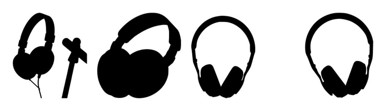 Headphones set with stylized silhouette of music wave and note icons, dynamic line art depicting audio signal featuring sound, audio, headphones with music and waveform