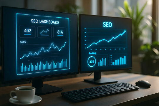 SEO and Data Analytics Dashboard Visualization Featuring Performance Charts, Keyword Insights, and Real-Time Marketing Metrics on Digital Screens