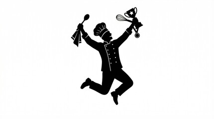 Obraz premium Silhouette of a chef celebrating victory with a trophy, medal, and spoon