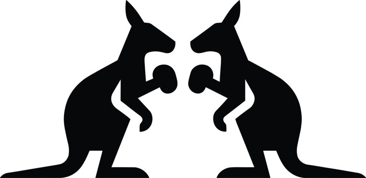 Symmetrical black silhouette of two boxing kangaroos wearing gloves, Australian wildlife sports mascot, minimalist kangaroo fighting vector illustration on white