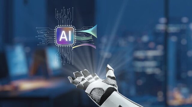 A futuristic robot hand interacts with artificial intelligence symbols in a modern office setting, illustrating the convergence of technology and innovation. Synapse