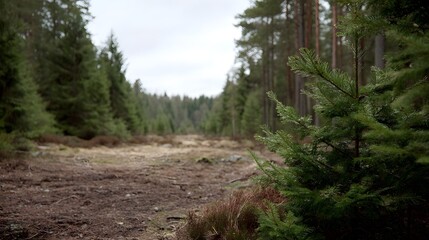 Fototapeta premium A young evergreen sapling grows in a forest clearing with tall trees in the background under an overcast sky