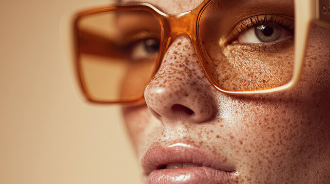 Ultra detailed close up of young woman with freckles wearing oversized orange glasses, her unique features and gaze. image highlights her natural beauty and style