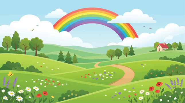 Colorful rainbow over green hills landscape vector, idyllic summer meadow with wildflowers and cottage, sunny spring countryside nature background