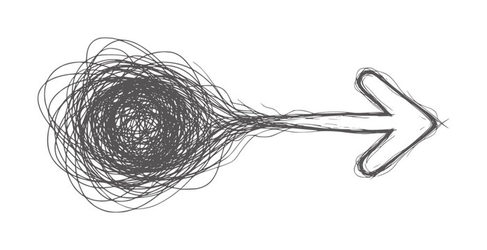 Abstract black ink of a whisk with tangled lines transitioning into an arrow white
