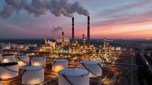 Oil refinery plant with smokestacks and storage tanks at dusk with pink and purple sky