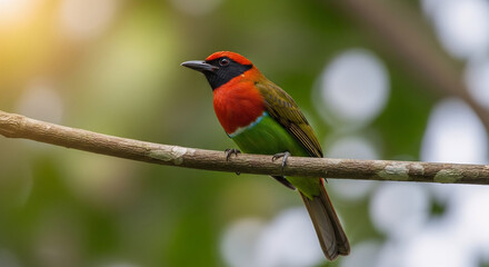 Obraz premium Small Tropical Bird with Red Chest Sitting on Branch in Soft Background