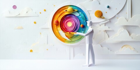 Fototapeta premium Papercraft figure presents colorful planetary system. Clouds, stars surround circular design. Minimalist style, bright hues dominate composition.