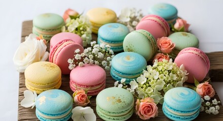Fototapeta premium A colorful arrangement of macarons and flowers on a wooden board