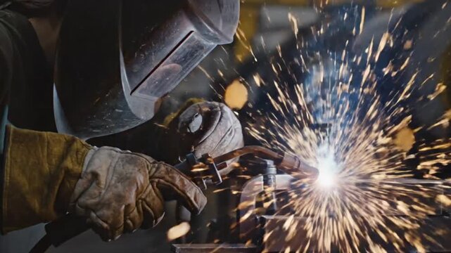 Welder wearing protective gear and welding with sparks flying everywhere in a workshop setting with smoke and light