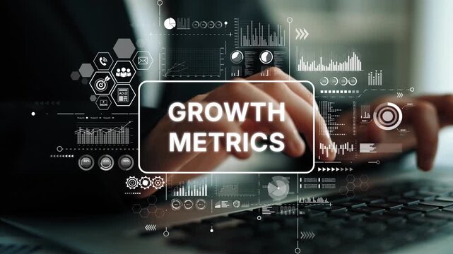 Business Growth Metrics Analysis with Digital Data Visualization and Keyboard Usage in Modern Office Environment. Asymptotic smart data analytic.