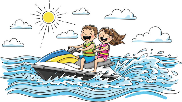 Happy kids riding jet ski on ocean waves under sunny sky, cute cartoon vector illustration of children enjoying summer water adventure