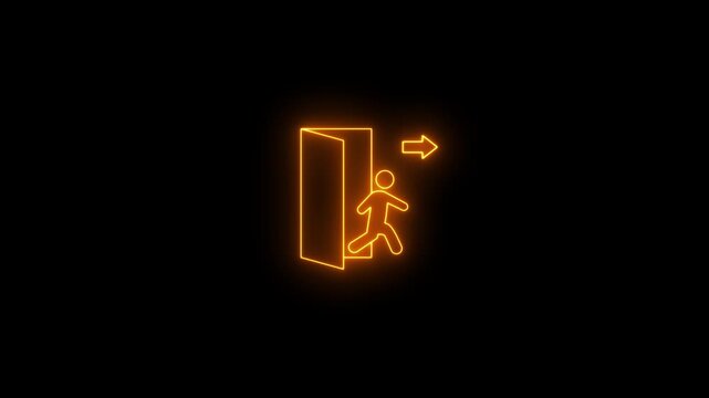 Neon glowing Exit text with arrow video animation. Right arrow icon with neon exit text video animation on black background. Neon glowing emergency exit sign indicating.