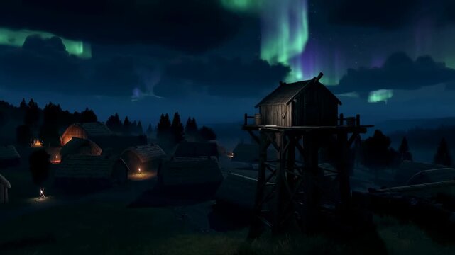 Panning shot of village at night with aurora borealis drifting overhead and wooden watchtower in foreground