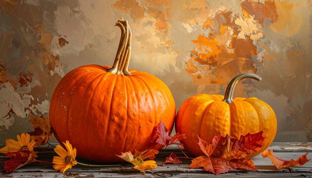 pumpkin on table with maple leaves