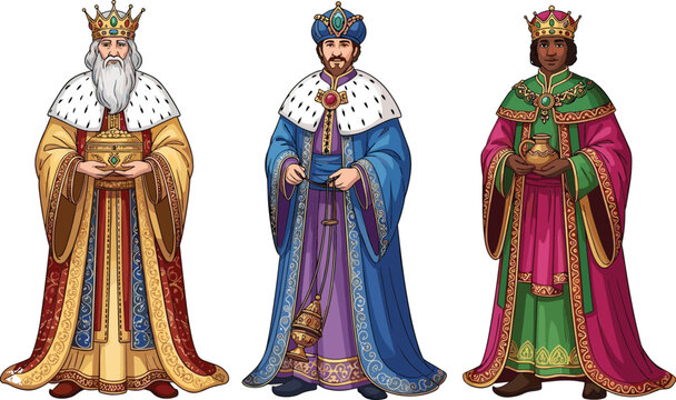 Three wise men in detailed royal costumes, vector illustration of biblical kings holding gifts for nativity and Christmas design