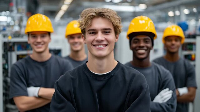 131Group portrait of young electrical students standing around their project, wearing safety helmets and gloves, smiling and confident, vocational training lab filled with equipment a