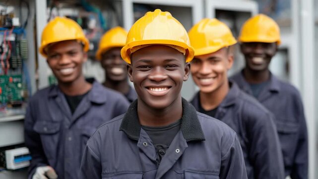 130Group portrait of young electrical students standing around their project, wearing safety helmets and gloves, smiling and confident, vocational training lab filled with equipment a
