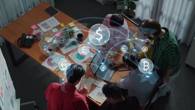 A diverse team working together in a modern office, analyzing cryptocurrency trends and financial data with graphs and documents, fostering collaboration and innovation. Raster